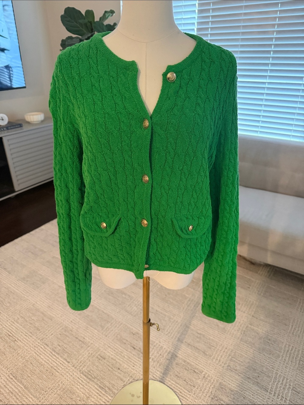 J. Crew Bright Green Cable-Knit Button Cardigan